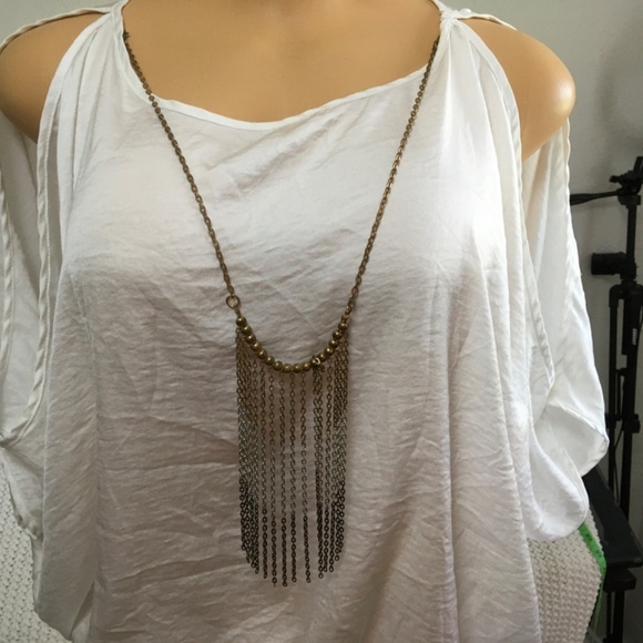 A. BYER WHITE GOLD HANGING NECKLACE, COLD SHOULDER WHITE  BLOUSE SIZE SMALL - Picture 3 of 6
